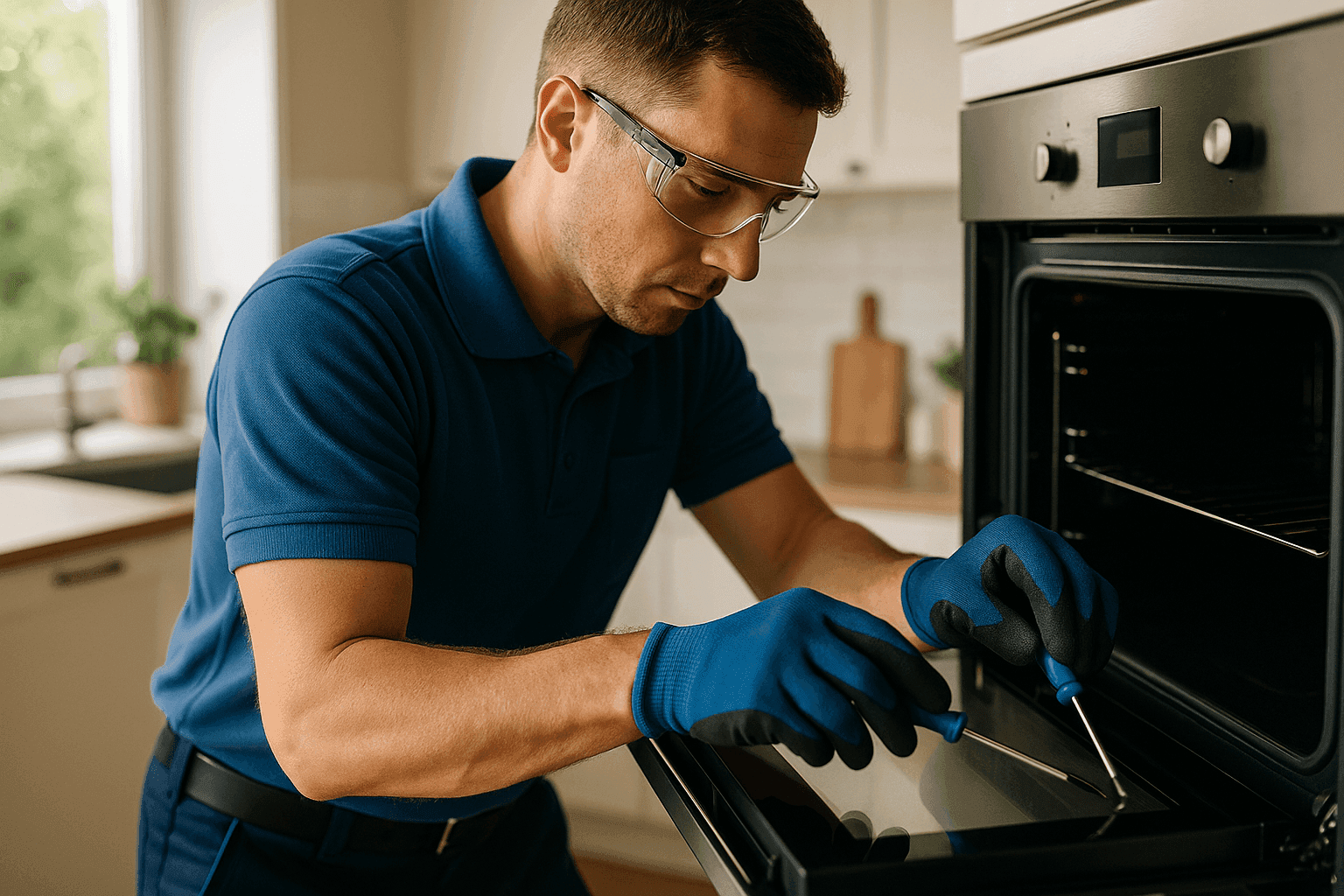 Appliance repair technician in PPE fixing modern appliance in clean residential kitchen